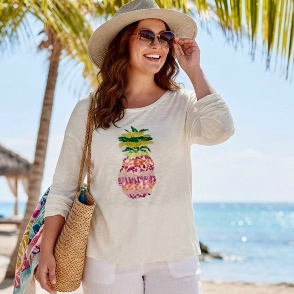 Talbots Woman White Slub Cotton Pineapple Sequin Beaded Long Sleeve Tee 1X Beach